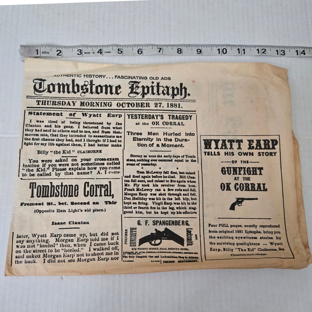 Vintage 1881 Tombstone Epitaph OK Corral Wyatt Earp Reprint Newspaper 4 Pages
